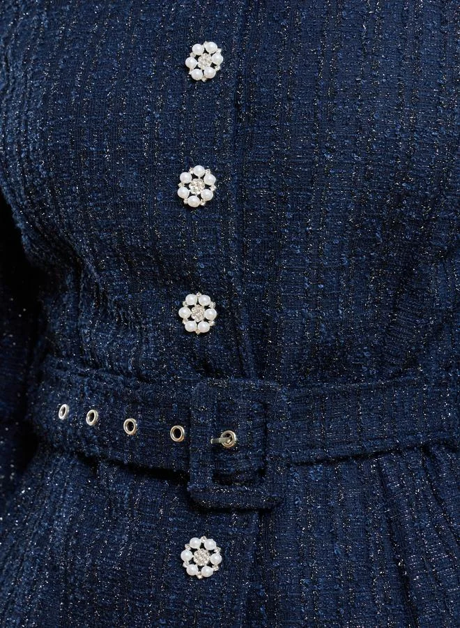 Styli Navy Blue Women Navy Blue Tweed Top and Pleated Skirt Co-Ords for Women | Best Price UAE